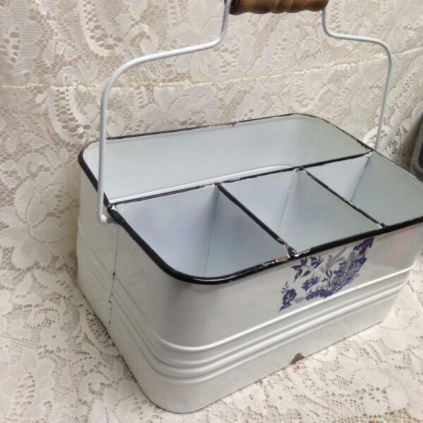 Blue Willow, White Enamelware Caddy 11in x 8in x 5.5in