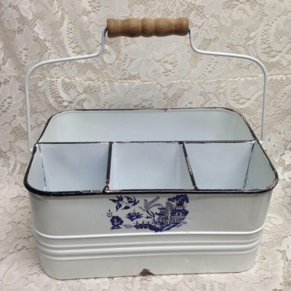 Blue Willow, White Enamelware Caddy 11in x 8in x 5.5in