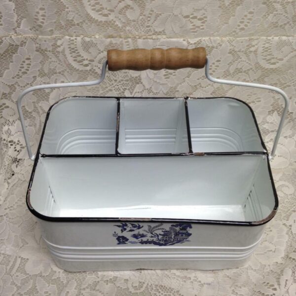 Blue Willow, White Enamelware Caddy 11in x 8in x 5.5in