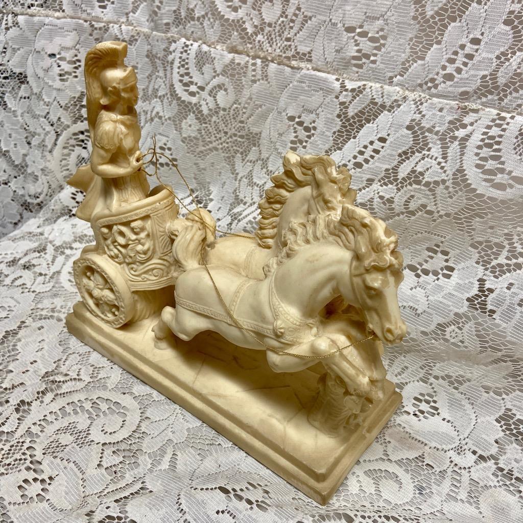 Vintage, Carved Alabaster Figurine- Roman Soldier on a Chariot 11in x 9in x 4in