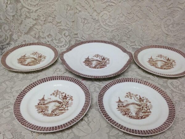 Antique, Rare, Brown- Blue Willow 5pc Sandwich Set