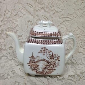 Antique, Rare, Brown Blue Willow Teapot 7.5in H x 9.5in W