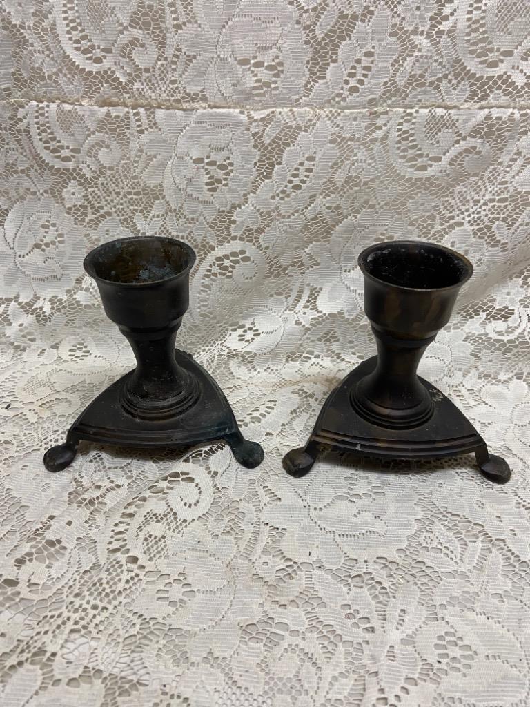 Pair of 18th Bronze Clawfoot Candleholder