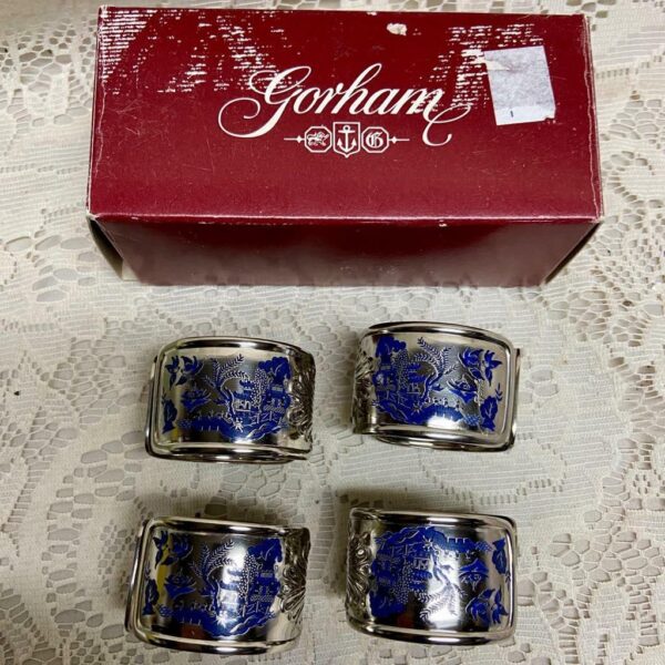 4pc Blue Willow Gorham Shell Silver Plated Napkin Rings in Original Box