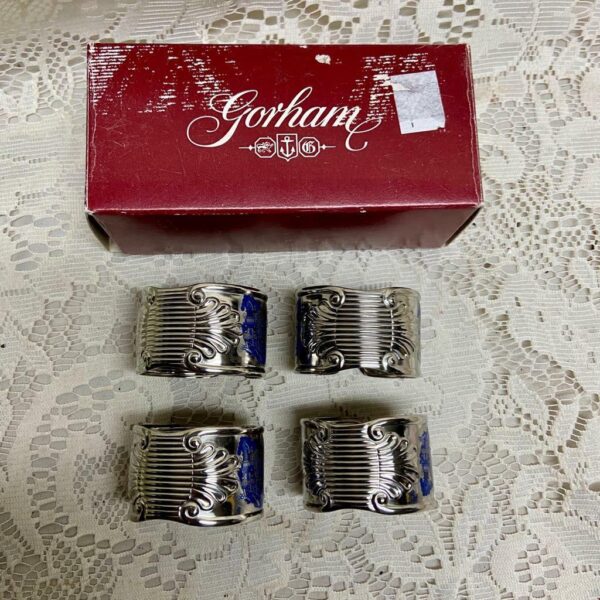 4pc Blue Willow Gorham Shell Silver Plated Napkin Rings in Original Box