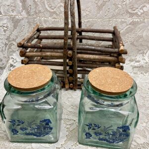 Vintage 3-pc Blue Willow Glass Canister Set w/ Drift Wood Rack 13inx12inx7in