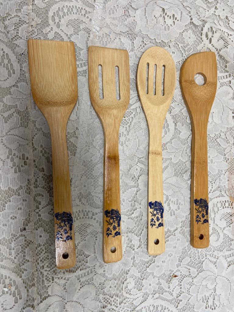 4pc Blue Willow Bamboo Ladle Set 12in and 2.5in