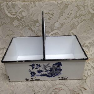 Blue Willow, White Enamelware Small Caddy 8.5in x 7in x 5.5in