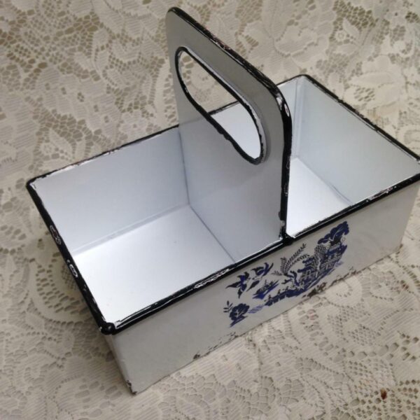 Blue Willow, White Enamelware Small Caddy 8.5in x 7in x 5.5in