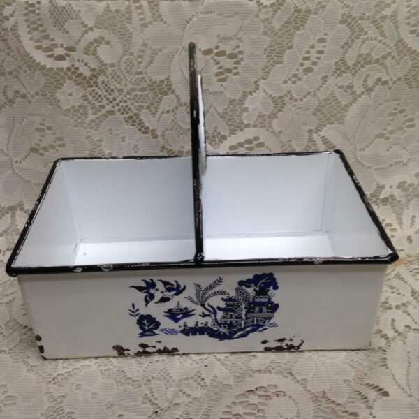 Blue Willow, White Enamelware Small Caddy 8.5in x 7in x 5.5in