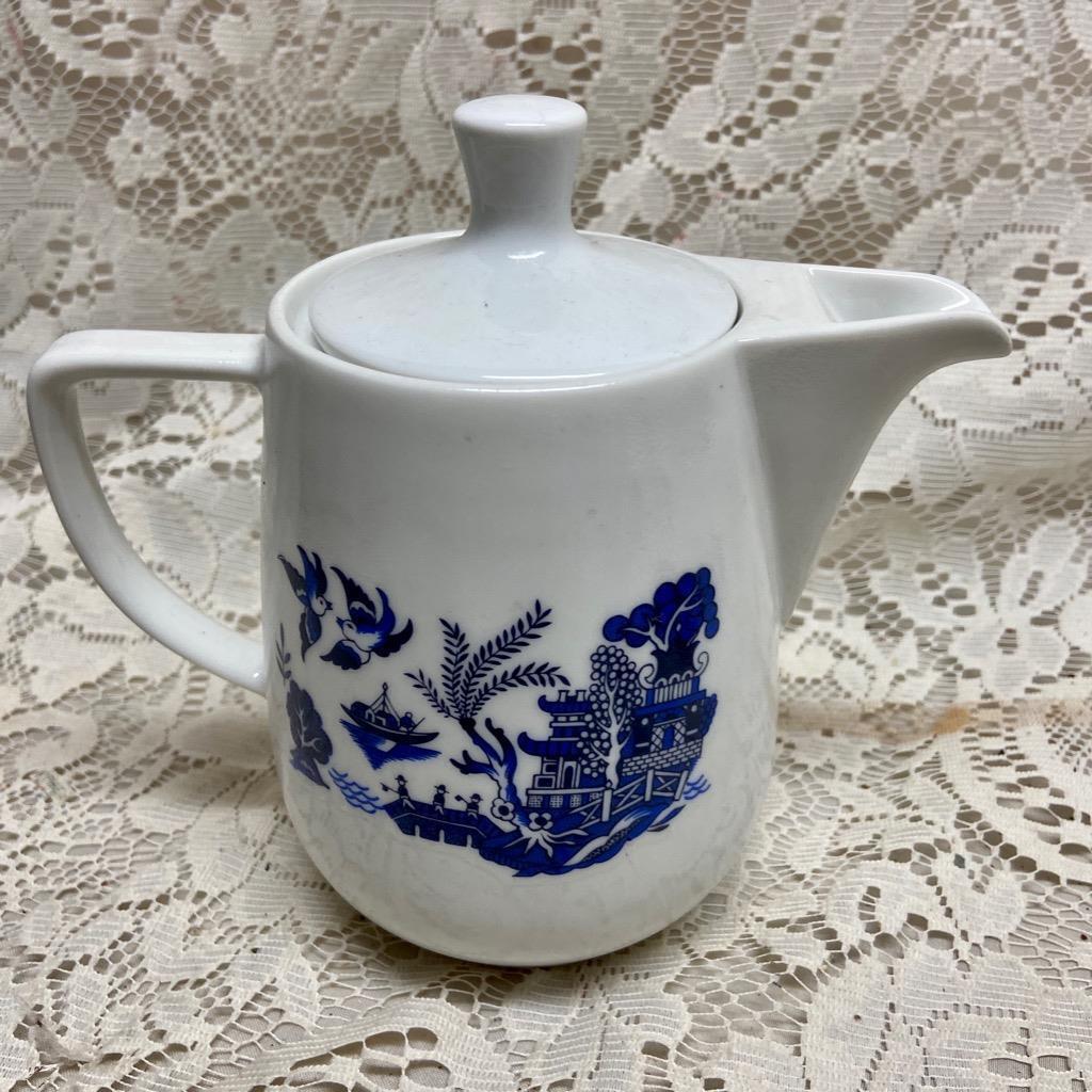 Vintage, Germany, Blue Willow White Ceramics Teapot with 2 Mugs