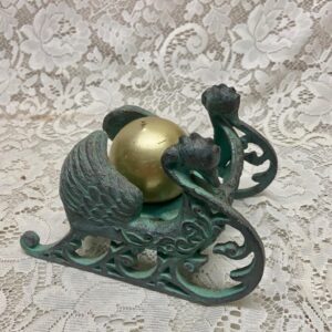 Vintage Figural Swan Sledge, Green Metal Candle Holder 7in x 5in