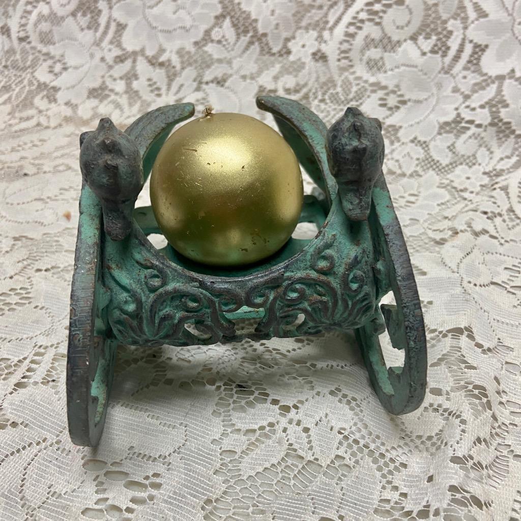 Vintage Figural Swan Sledge, Green Metal Candle Holder 7in x 5in