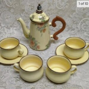 Vintage MacKenzie Childs Ltd., Beige Floral Enamelware, 8pcTea or CampSet (4ZO10