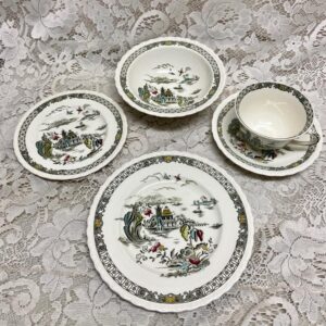 Vintage Myott England, Hand Engraved, Variant Polychrome Willow 5pc Luncheon Set