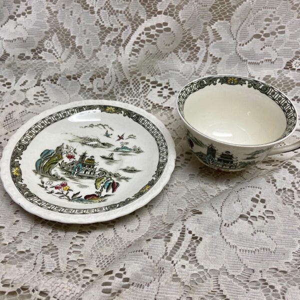 Vintage Myott England, Hand Engraved, Variant Polychrome Willow 5pc Luncheon Set