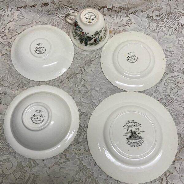 Vintage Myott England, Hand Engraved, Variant Polychrome Willow 5pc Luncheon Set