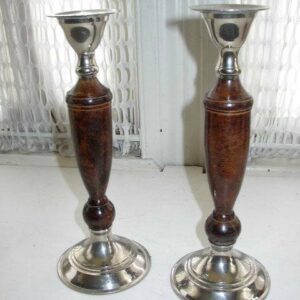 Vintage Pair, 10-inch Metal -Wood Candle Holder