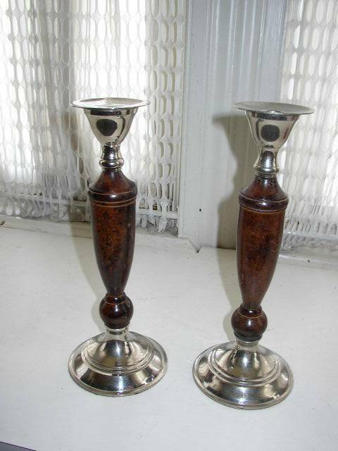 Vintage Pair, 10-inch Metal -Wood Candle Holder