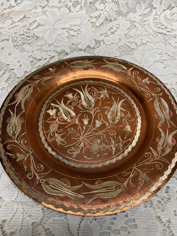 Vintage, Etched Copper Plate 8in D