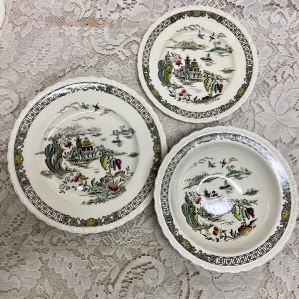 Vintage Myott England, Hand Engraved, Variant Polychrome Willow Trio Snack Set