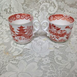 Antique, Worcester England, Variant Orange Red- Blue Willow 2pc Cups