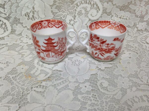 Antique, Worcester England, Variant Orange Red- Blue Willow 2pc Cups