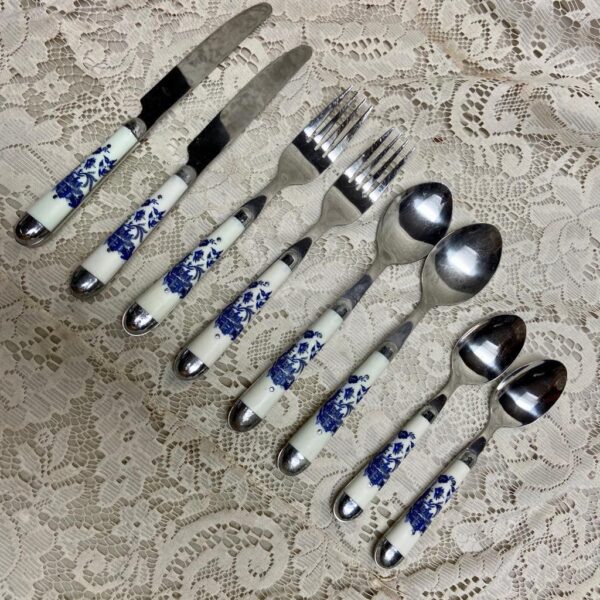 Vintage, Jean Dubost 8-pc Quality Blue Willow Flatware, Service fo 2