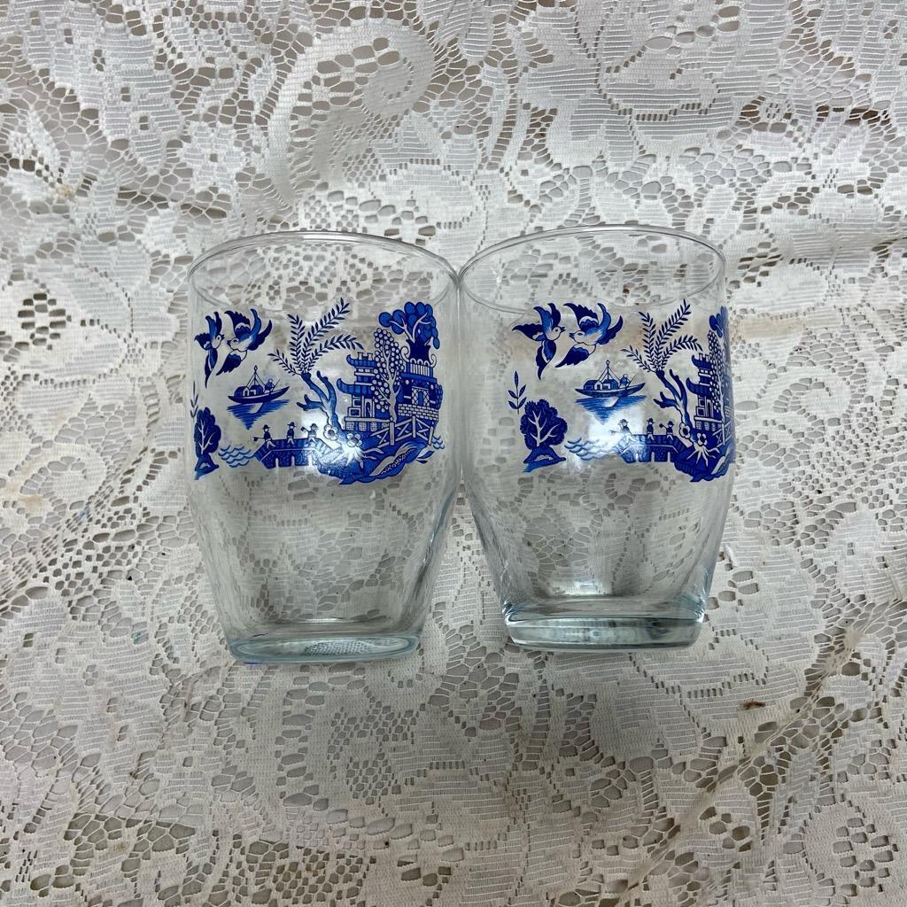 Vintage, Heavy 2pc Blue Willow Libbey Glass Tumblers