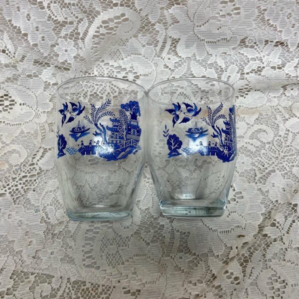 Vintage, Heavy 2pc Blue Willow Libbey Glass Tumblers