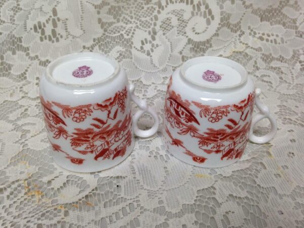 Antique, Worcester England, Variant Orange Red- Blue Willow 2pc Cups