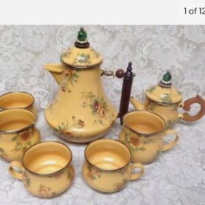 Vintage, MacKenzie Childs Mustard Yellow Floral Enamelware 9pcTea Set