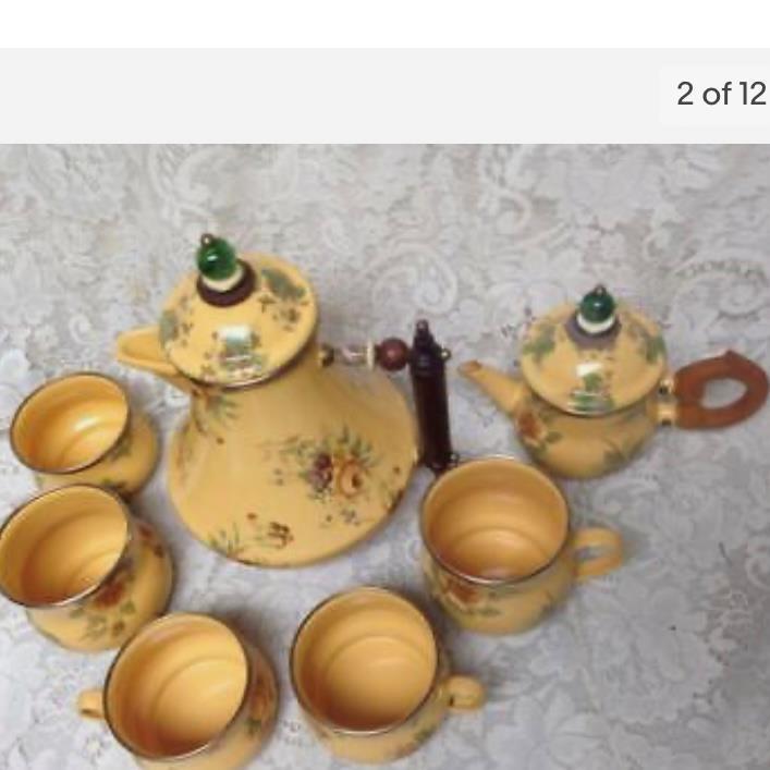 Vintage, MacKenzie Childs Mustard Yellow Floral Enamelware 9pcTea Set