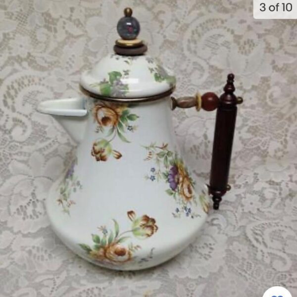 Vintage, MacKenzie Childs White Floral Enamelware 7pcTea Set