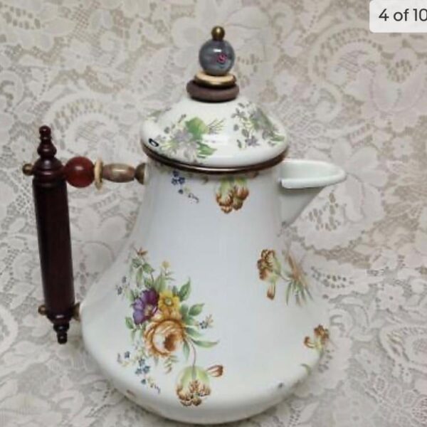 Vintage, MacKenzie Childs White Floral Enamelware 7pcTea Set