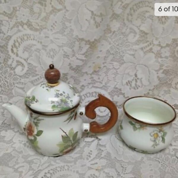 Vintage, MacKenzie Childs White Floral Enamelware 7pcTea Set
