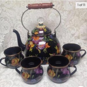 MacKenzie Childs Butter Cup Enamelware 144 oz or 4.5 Qts Tea Kettle w/ 4 Mugs