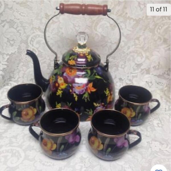 MacKenzie Childs Butter Cup Enamelware 144 oz or 4.5 Qts Tea Kettle w/ 4 Mugs