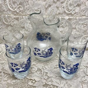 Vintage, Heavy, Libbey Clear Glass Penguin Blue Willow Pitcher with Tumblers