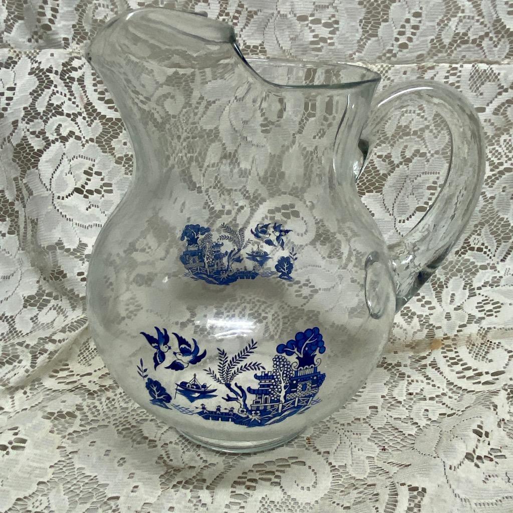 Vintage, Heavy, Libbey Clear Glass Penguin Blue Willow Pitcher with Tumblers