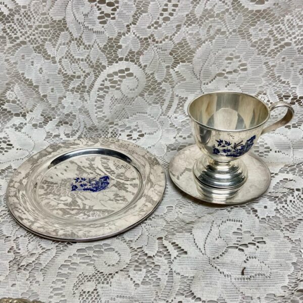 Vintage, 3pc Silver Plated Blue Willow Trio Tea Set- Cup, Saucer, Breadplate