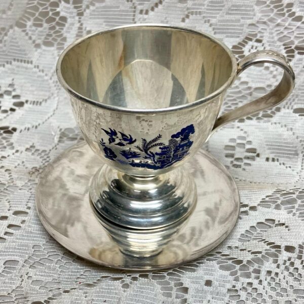 Vintage, 3pc Silver Plated Blue Willow Trio Tea Set- Cup, Saucer, Breadplate