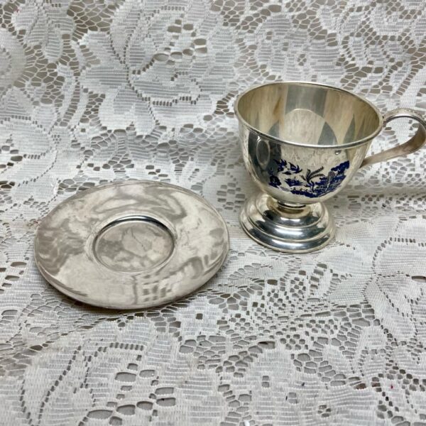 Vintage, 3pc Silver Plated Blue Willow Trio Tea Set- Cup, Saucer, Breadplate