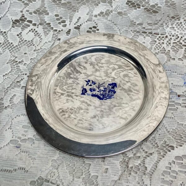 Vintage, 3pc Silver Plated Blue Willow Trio Tea Set- Cup, Saucer, Breadplate