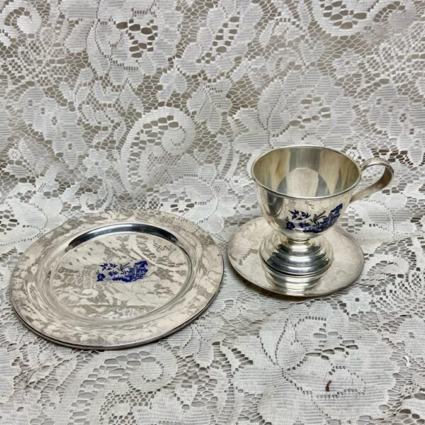 Vintage, 3pc Silver Plated Blue Willow Trio Tea Set- Cup, Saucer, Breadplate