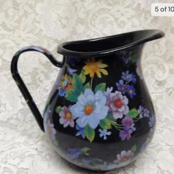 MacKenzie Childs Black Flower Market 8.5in Pitcher and 12in Pasta-Salad or Wash