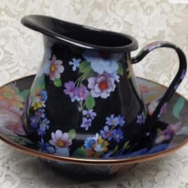 MacKenzie Childs Black Flower Market 8.5in Pitcher and 12in Pasta-Salad or Wash