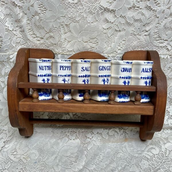 Vintage, Rare, Japan, 7-pc Blue Willow Shaker Set with Wooden Rack