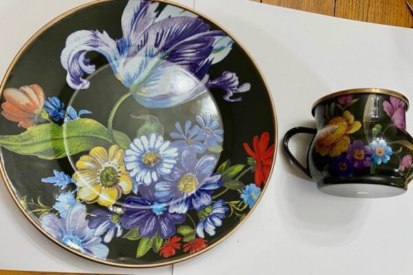 MacKenzie Childs Black Flower Market Enamelware, 2pc Dinner Set