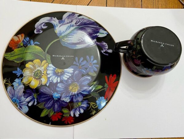 MacKenzie Childs Black Flower Market Enamelware, 2pc Dinner Set